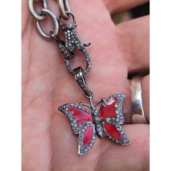 Sterling Silver Link Necklace w/Pave Diamond Clasp Red Enamel Butterfly Pendant - Picture 7 of 9